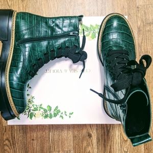 Rebel Croc-Embossed Block Heel Combat Booties